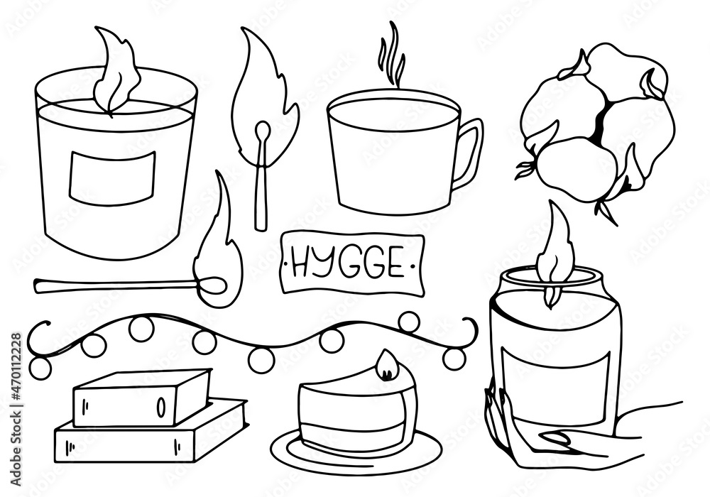 Obraz premium Cozy set of hugge candles, match, book, lettering. Kawaii doodle contour digital art. rint for banners, posters, web, stickers, posts, paper, cards.