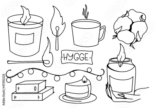 Cozy set of hugge candles, match, book, lettering. Kawaii doodle contour digital art. rint for banners, posters, web, stickers, posts, paper, cards. photo
