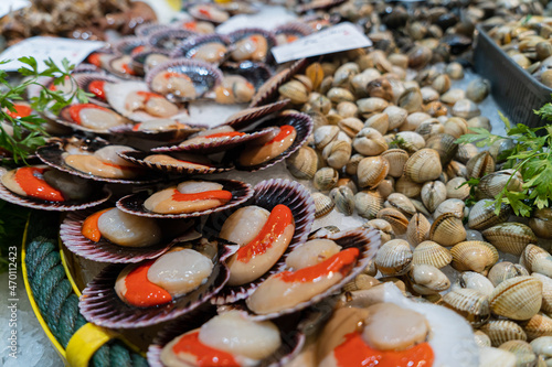 Delicious and fresh scallops with cockles in the background in a fish market.