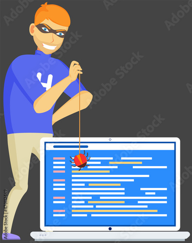 Hacker attack. Hacker breaks into computer. Cyber attacker cracker trying to hack laptop password. Breaking login, pin code, cracking screen lock, cartoon vector. Hacking protection security system