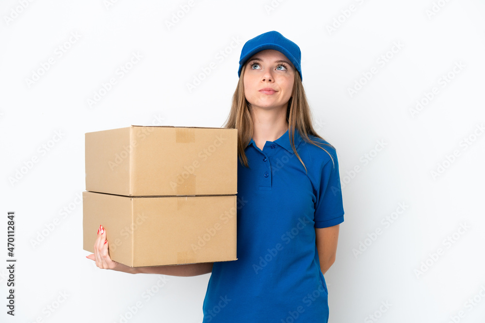 Delivery Lithuanian woman isolated on white background and looking up Delivery Lithuanian woman isolated on white background and looking up