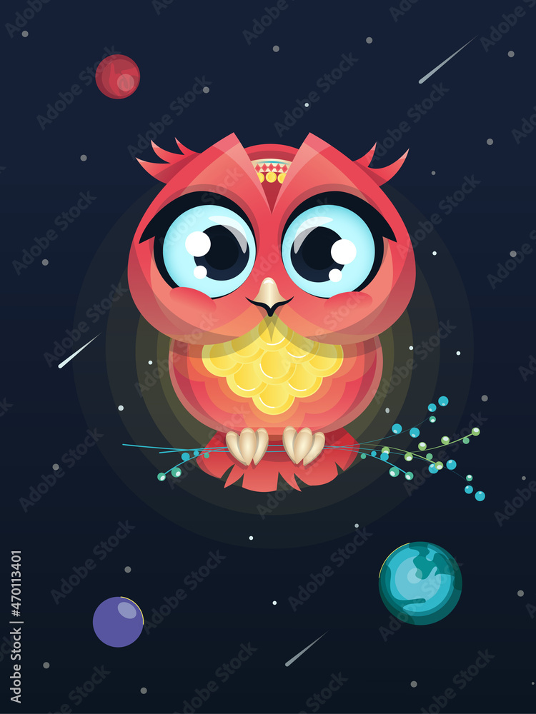 Fototapeta premium Сolor illustration of pink owl in space. Idea for a book, article, postcard.