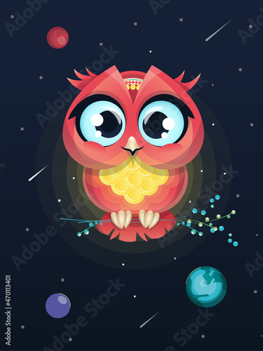 Сolor illustration of pink owl in space. Idea for a book, article, postcard. © Фи Ра