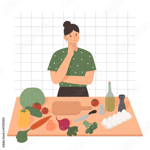 Woman thinking what to cook flat vector illustration. Cute female character can't decide what to make for healthy dinner. Girl standing behind a table with vegebles and organic products