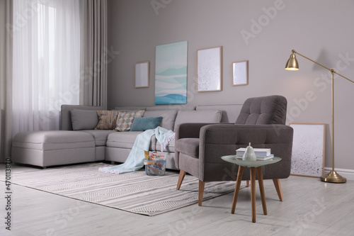 Stylish living room interior with comfortable armchair and sofa