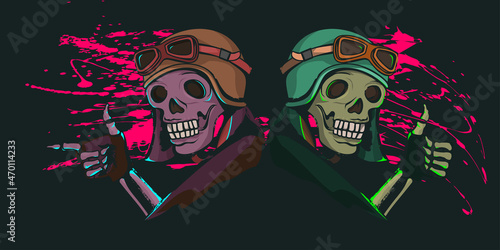 two skulls in motorbike helmets giving thumbs up