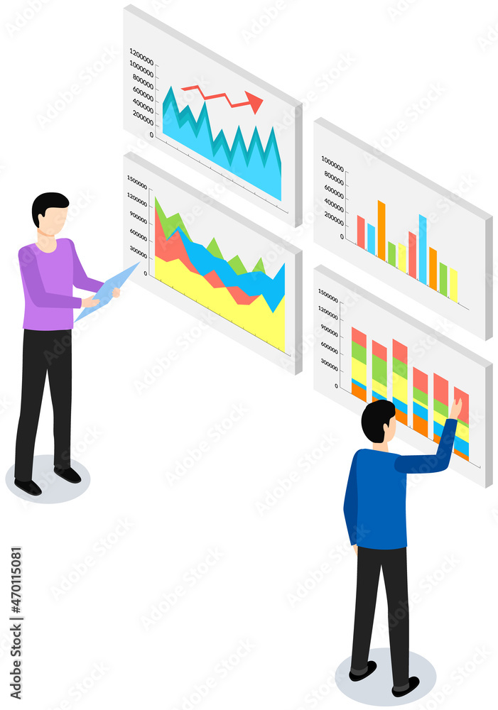Visualize with business analytics. People work with statistical data analysis, changing indicators. Employees analyze statistical indicators, business data. Characters work with marketing research Visualize with business analytics. People work with statistical data analysis, changing indicators. Employees analyze statistical indicators, business data. Characters work with marketing research