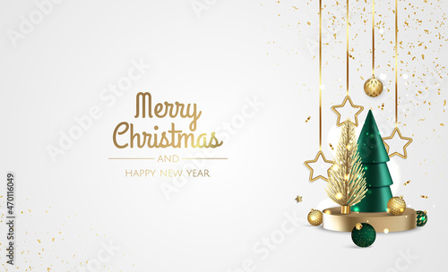 3D circle podium display with Christmas tree. Winter holiday background.