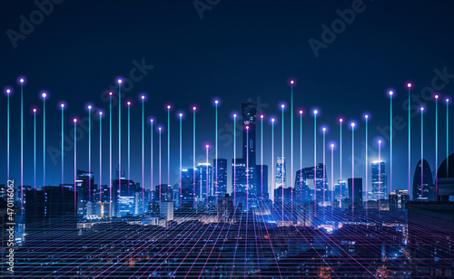 Telecommunication and communication network concept. Big data connection technology. Smart city and digital transformation.