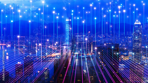 Big data connection technology. Smart city and digital transformation.Telecommunication  and communication network concept.