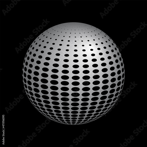 3D spherical shape with geometric pattern on black background. © troyka