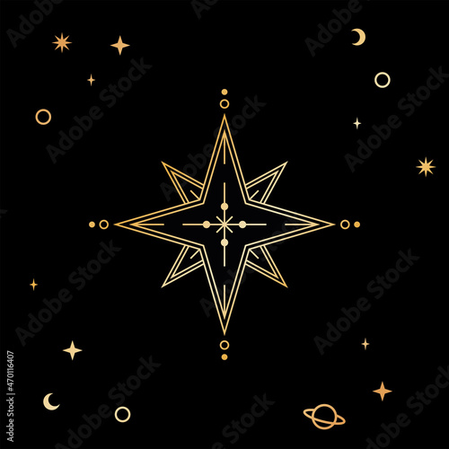 Gold wind rose compass, outline logotype. Tarot design, esoteric navigation. Vector illustration.