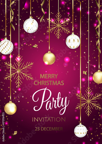Merry Christmas Party invitation. Happy New Year card Decoration. Winter background. Seasonal holidays.