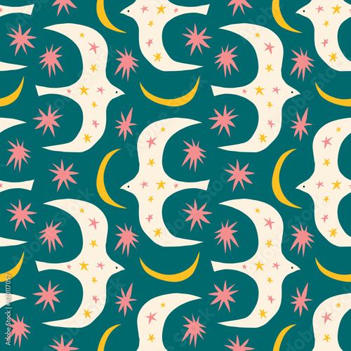 Birds of peace night boho naive funky handdrawn scandinavian style seamless pattern