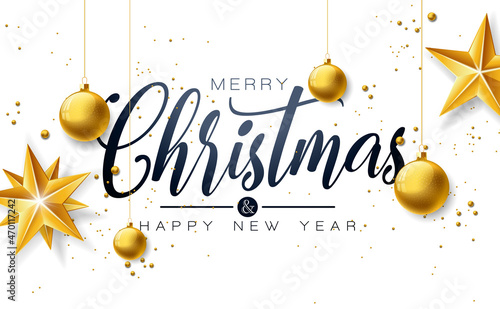 Merry Christmas and Happy New Year Illustration with Gold Glass Ball, Star and Typography Elements on White Background. Vector Holiday Season Design for Greeting Card, Party Invitation or Promo Banner