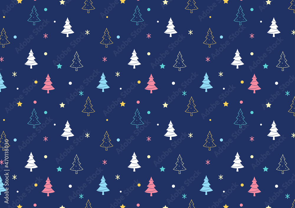 Christmas trees and snowflakes, seamless blue background. Vector, flat pattern with white Christmas trees and snowflakes on blue background.