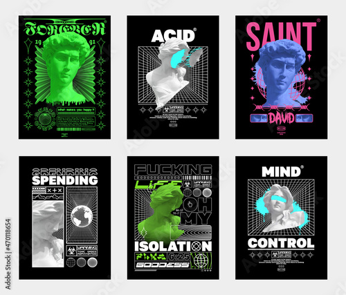 Collection of modern posters with heads of statues. In Techno style, stylish print for streetwear, print for t-shirts and hoodies, isolated on black background