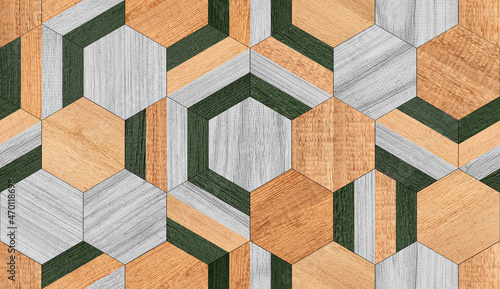 Seamless wooden background with hexagonal mosaic pattern. Colorful panel made of wooden tiles for wall decor. Parquet floor texture.