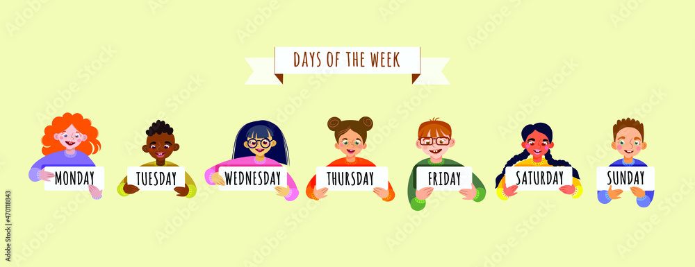 Cute kids holding cards saying days of the week illustration. Monday, Tuesday, Wednesday, Thursday, Friday, Saturday, Sunday.