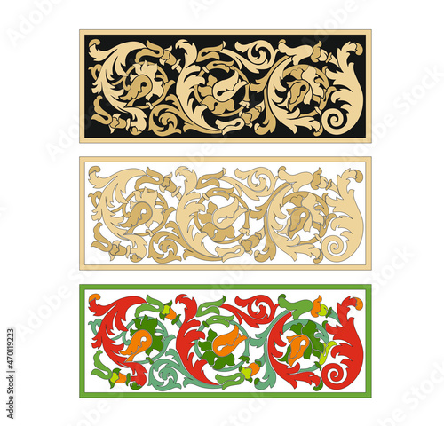COLORFUL BAROQUE DECORATIONS WITH FLOWERS AND LEAVES IN ANCIENT ITALIAN STYLE