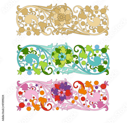 COLORFUL BAROQUE DECORATIONS WITH FLOWERS AND LEAVES IN ANCIENT ITALIAN STYLE