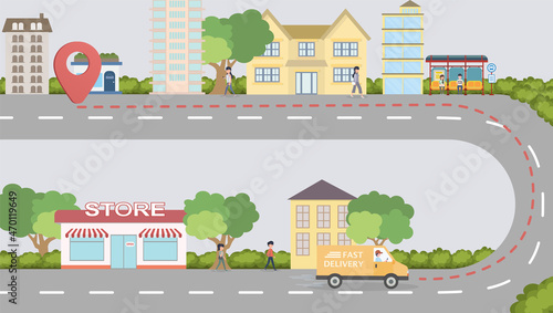 Van delivery service to customers  homes. The delivery process starts from the store to your home. EPS10 vector illustration.