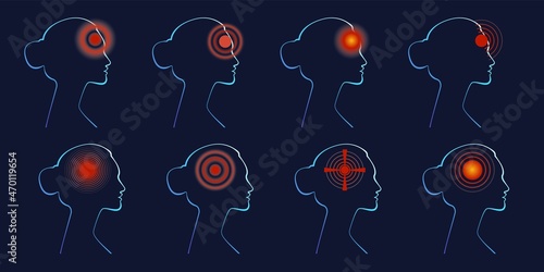 Set of Woman silhouettes with headache, migraine, head pain, health problems. Headache and migraine concept. Vector illustration in neon light style, medical concept, head profile, icon, healthcare