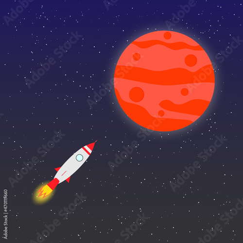 Space background with rocket and mars planet
