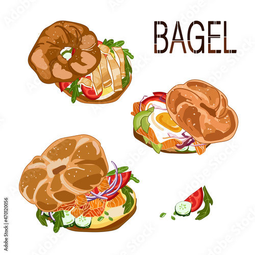 American bagels set with different fillings, bagel with salmon, chicken cream cheese, vegetables, avocado egg and fish. In realistic cartoon style, vector illustration isolated on white background.