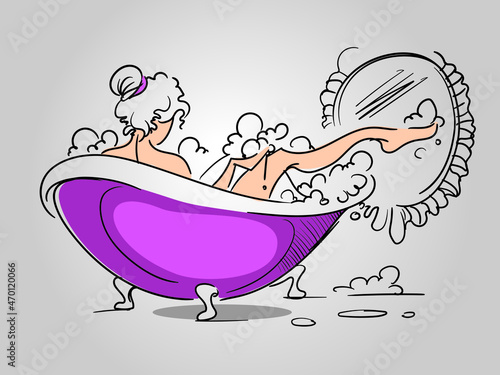 Girl relaxes in bath with foam. Cartoon vector illustration. Woman takes a bath. Girl relaxed washing her body in bathroom interior. Shower, healthcare