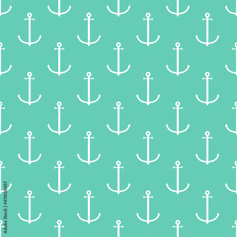 Seamless pattern with white anchors on green background