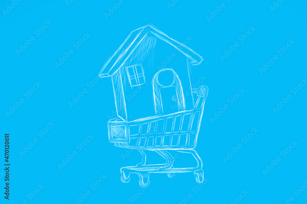 hand-drawn house in a basket. buying a house hand-drawn house in a basket. buying a house