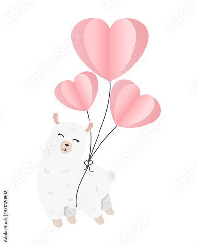 Valentines day card with cute alpaca with air balloons. Paper cut style.
