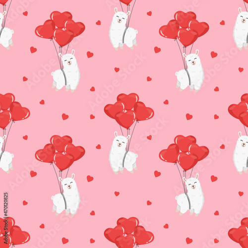 Seamless pattern with alpaca on balloons, hearts. Background for wrapping paper, textile, posters, cards. Happy Valentine's day.