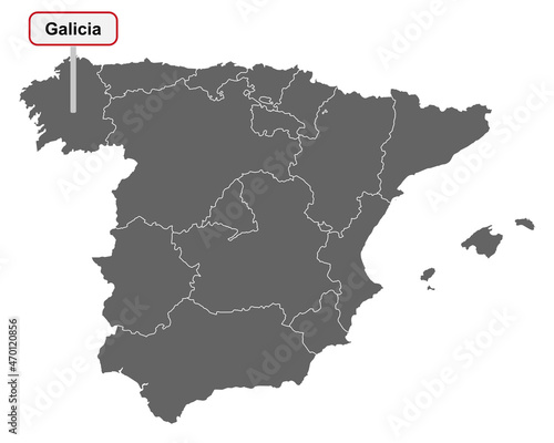 Landkarte von Spanien mit Ortsschild Galicia