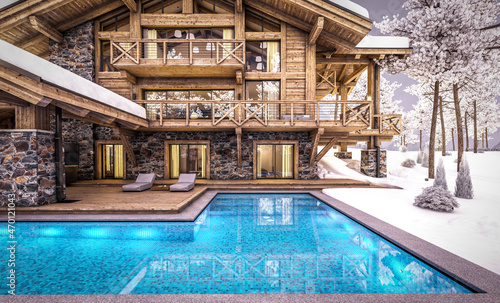 3d rendering of modern cozy chalet with pool and parking for sale or rent. Beautiful forest mountains on background. Massive timber beams columns. Cool winter evening with cozy light from windows © korisbo