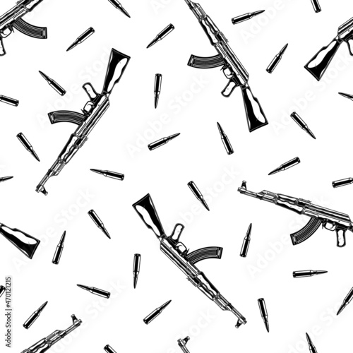 Seamless pattern of vintage monochrome detailed illustration of kalashnikov assault rifle and ammo. Vector illustration