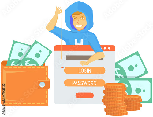 Hacker attack. Hacker breaks into computer. Cyber attacker cracker trying to hack laptop password. Breaking login, pin code, cracking screen lock, cartoon vector. Hacking protection security system