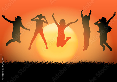 Silhouettes happy jumping women with sunrise background vector illustration