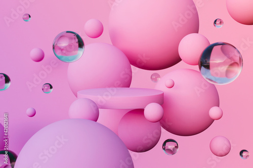 Cosmetics podiums showcases levitating among flying balls and glass spheres. 
