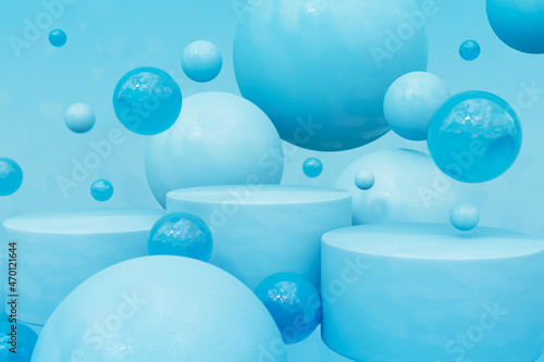 Cosmetics podiums showcases levitating among flying balls and glass spheres. 