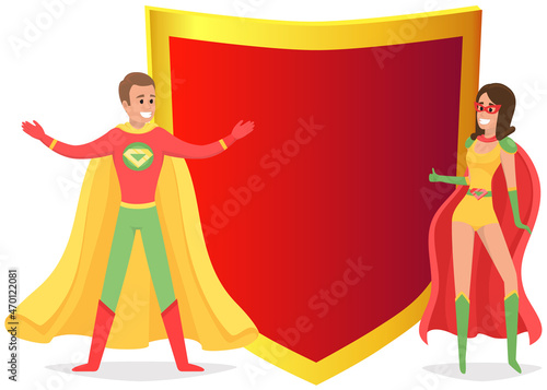 Strong super man and super woman smiles and flies to save world stretched out his hand. Brave character in superhero costume with cloak. Cartoon person hurries to protects people from villains