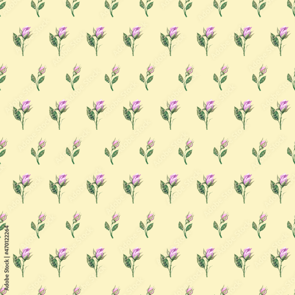 Watercolor pattern with roses, buds on a yellow background Watercolor pattern with roses, buds on a yellow background
