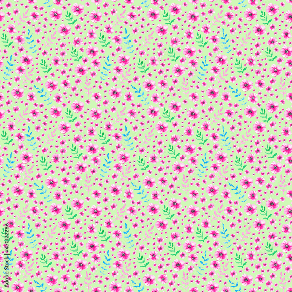 Watercolor pattern with scarlet flowers and green twigs Watercolor pattern with scarlet flowers and green twigs