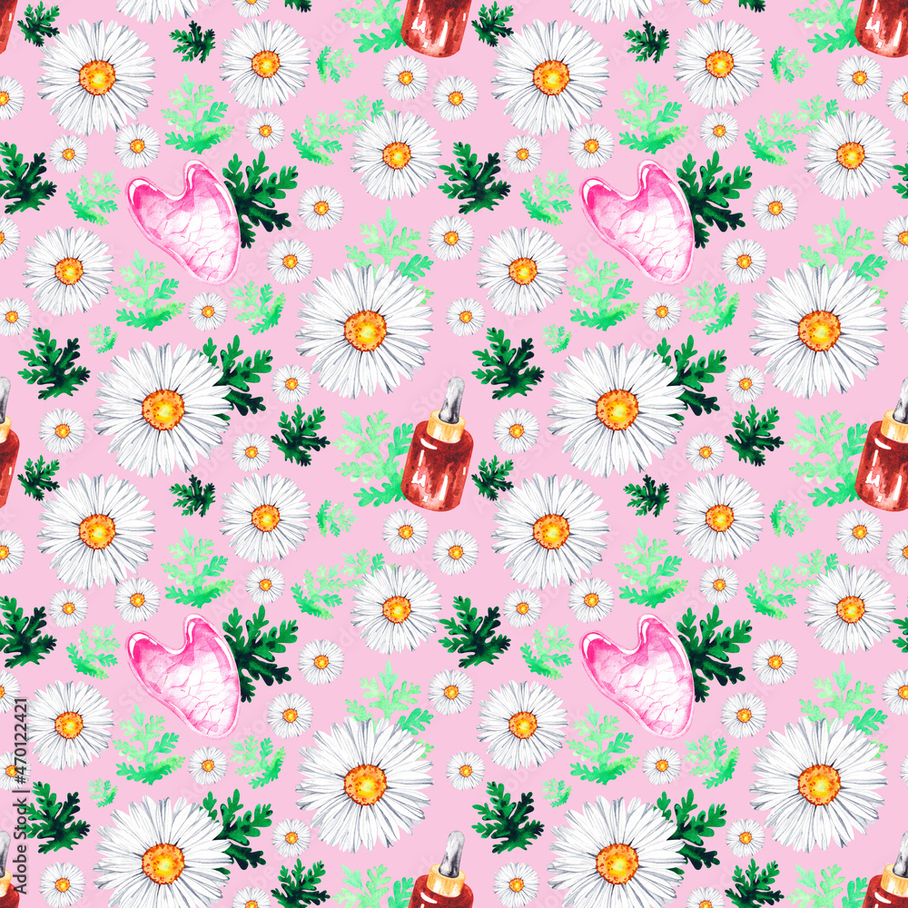 Watercolor pattern stone gouache, serum, chamomile on a pink background Watercolor pattern stone gouache, serum, chamomile on a pink background