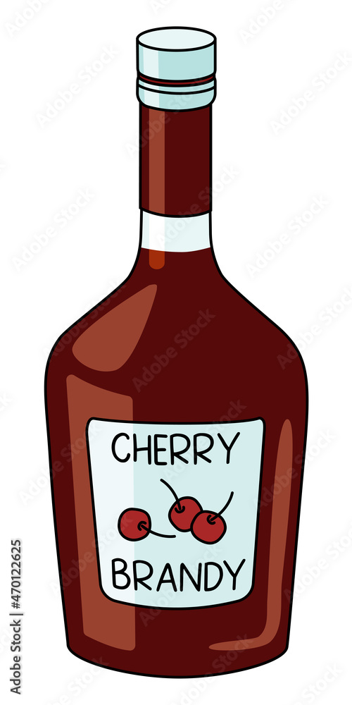 Classic red sweet cherry liqueur in a bottle. Doodle cartoon hipster style vector illustration isolated on white background. For party card, posters, bar menu or alcohol cook book.
