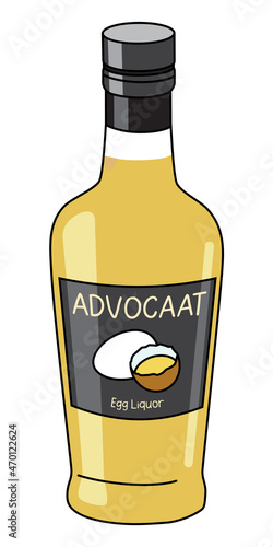 Classic Dutch yellow egg Advocaat liqueur in a bottle. Doodle cartoon hipster style vector illustration. For party card, posters, bar menu or alcohol cook book