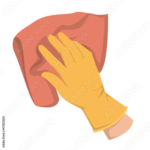 Hand in the glove holding rag vector isolated. Cleaning service, wiping dust and dirt from surface. Housewrok concept.