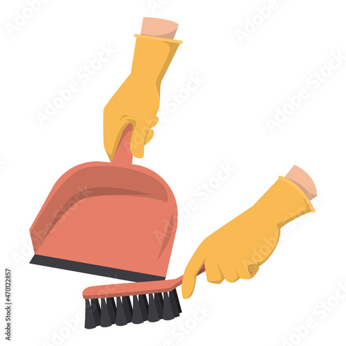 Hands in gloves holding broom and scoop vector isolated. Cleaning service, wiping floor from dust and dirt. Red cleaning tools. Brush sweeping.