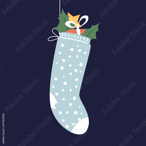 Cute hanging blue christmas stocking full of small gifts. Vector illustration of funny decoration. Winter holiday greeting card design. Merry Christmas and Happy New Year.